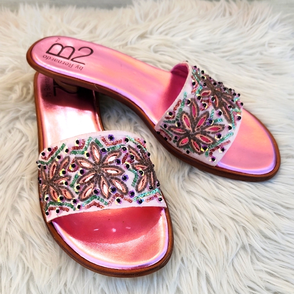 B2 BY BERNARDO FOUY EMBELLISHED LEATHER SLIDE SANDALS